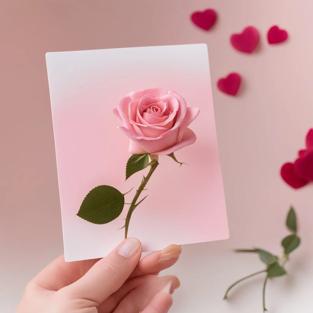 A photo of a white card, 5.5 by 4.25 inches. The card is vertically positioned on a beautiful light pink surface, positioned between pink rose petals and litte golden hearts.