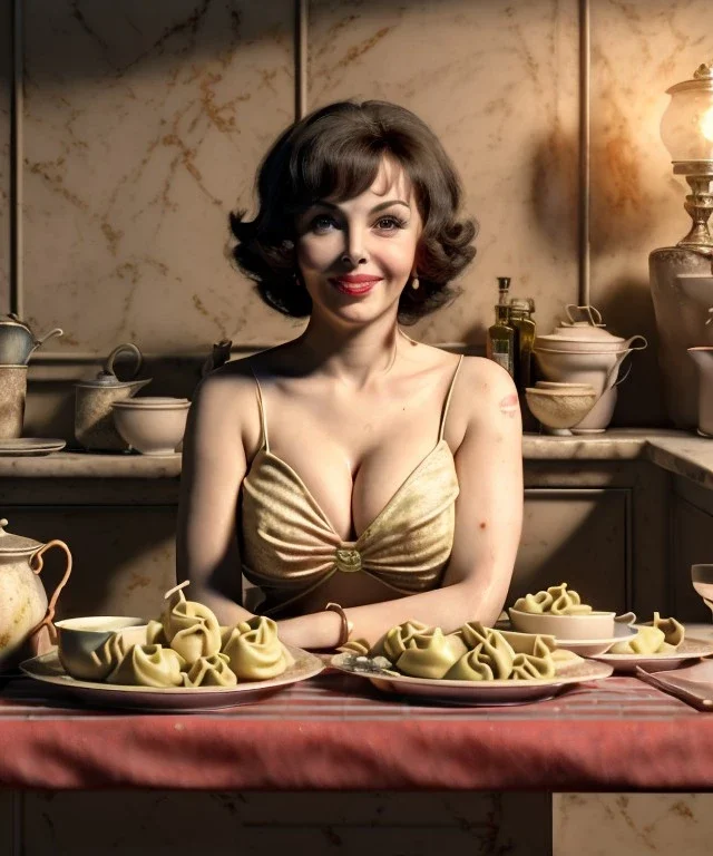 Ultra realistic photographic portrait, happy young Gina Lollobrigida woman sitting with arms resting on Italian kitchen table, pretty tortellini dish with olive oil and albahaca, renaissance style decoration, soft color, highly detailed, unreal engine 5, ray tracing, RTX, lumen lighting, ultra detail, volumetric lighting, high definition.