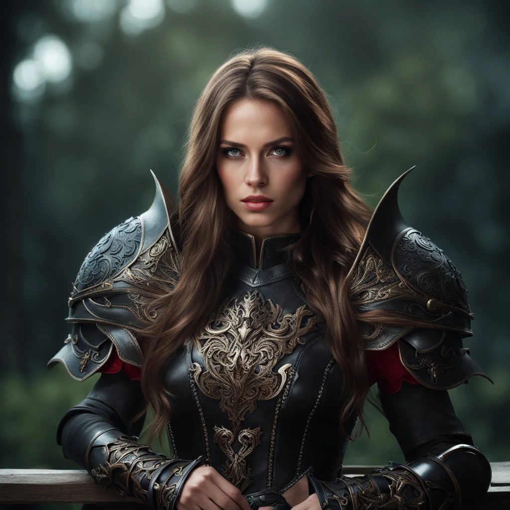 young woman with long brown hair, arrogant red eyes, wearing black leather fantasy armor, detailed, 4k resolution, hd