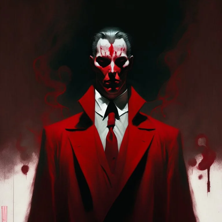 a sinister figure wearing a red suit and a priest's collar with no face and dirty slicked back hair