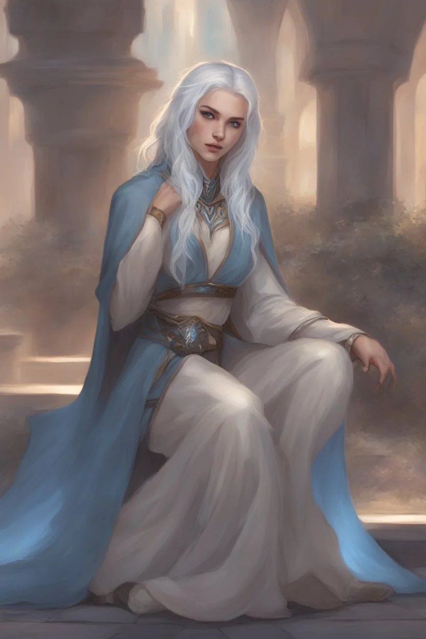 Dnd character on her knees. A female Aaismar twilight cleric with white hair and blue eyes, wearing gray robes. Etreal, beautiful, sexy