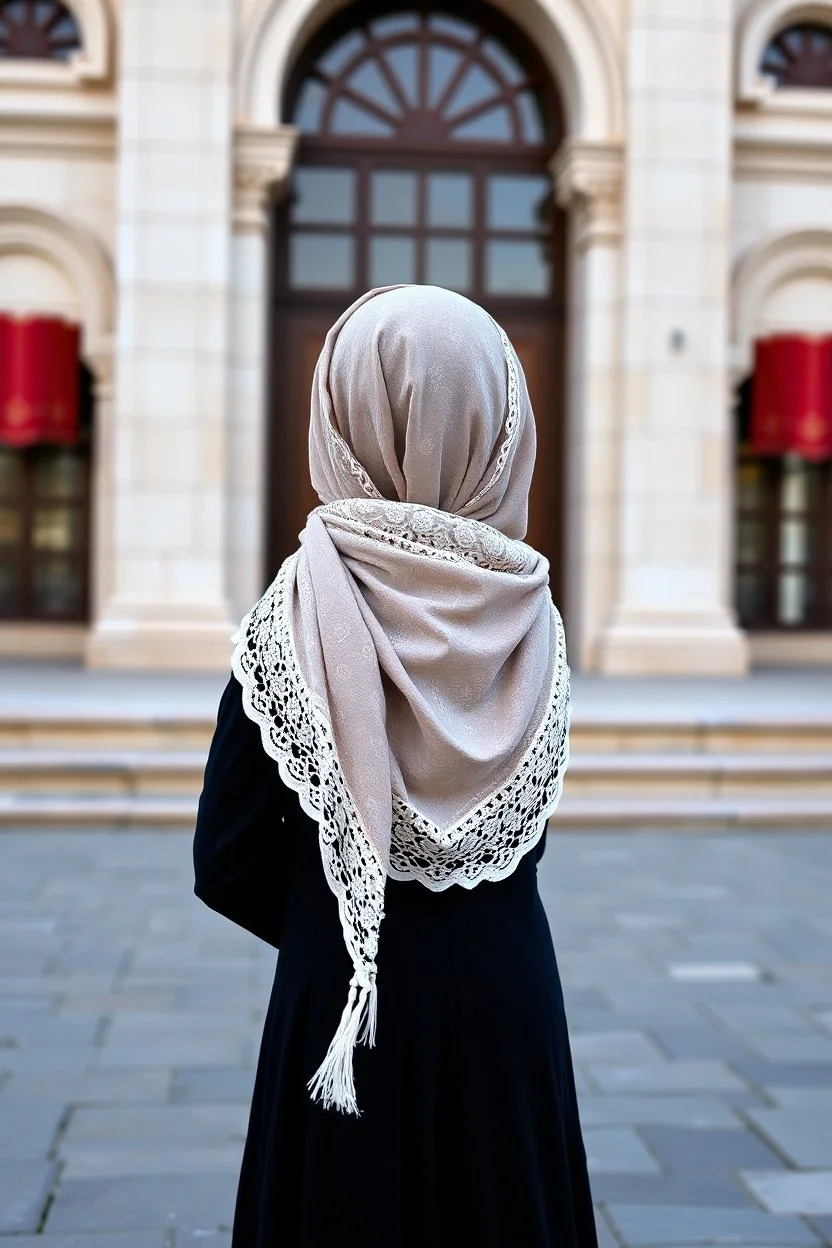a 7years old girl with a lace long scarf on back head that is standing in front of a building, a picture, arabesque, !8k!, azeri, insanely cute, amazing cgi, turkish, adorable outfit