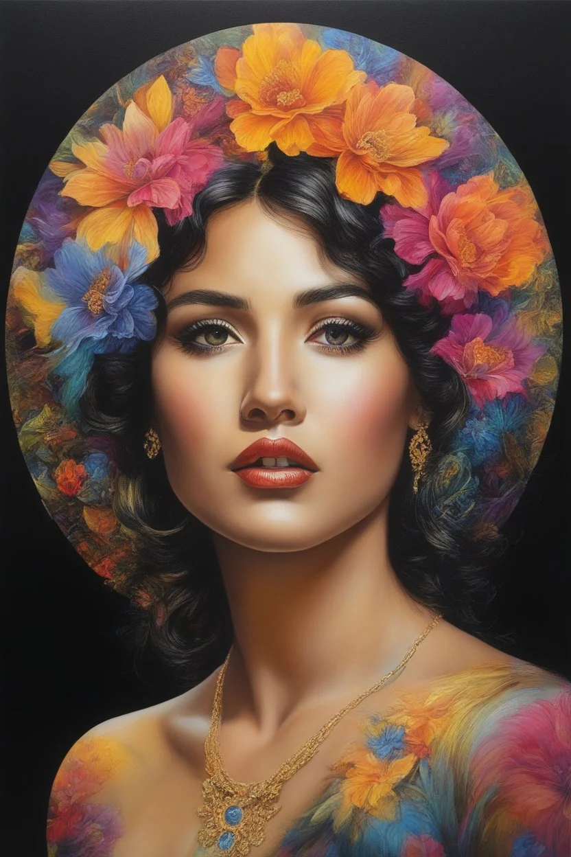 Vina Malik's face inside a small gold circle, multicolored, large, Floral/rainbow designs, atmospheric, beautiful, bright, vibrant colors, pitch-black background, oil painting by Boris Vallejo, 4k UHD, Photorealistic, professional quality