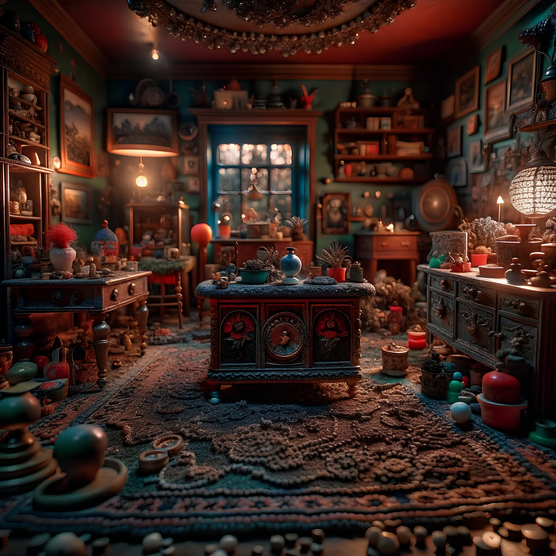 Diorama of old stuff in a room, sharp focus, 8k, 3d, very detailed, person, volumetric light, grim, very colorful, ornate, 33mm, F/2.8, insanely detailed and intricate, hypermaximalist, super detailed, decadentism