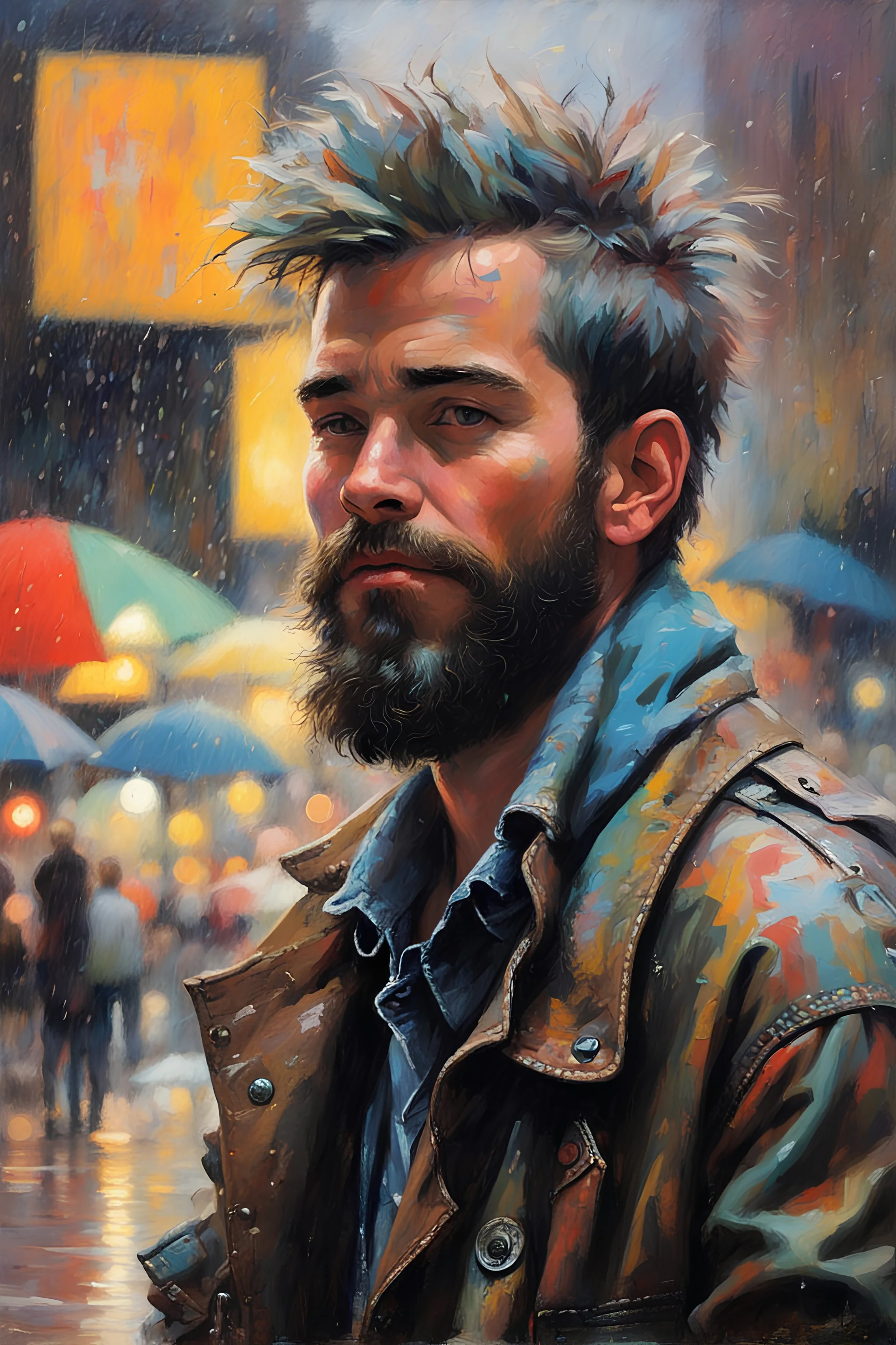 Howard Terpning oil painting a dreaming young beard colored punk guy graffiti in the pop '80s Mall lights during rainy day oil painting art