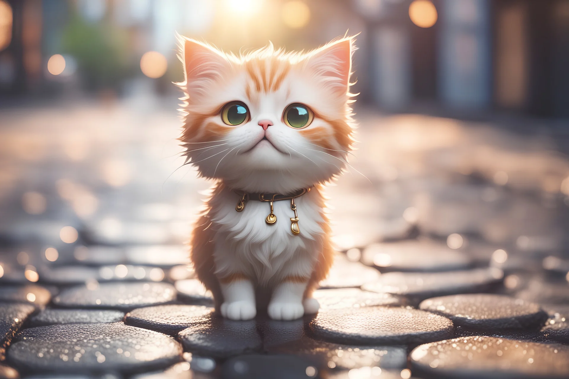 cute happy chibi anime cat standing on a wet cobblestone road in sunshine, ethereal, cinematic postprocessing, bokeh, dof
