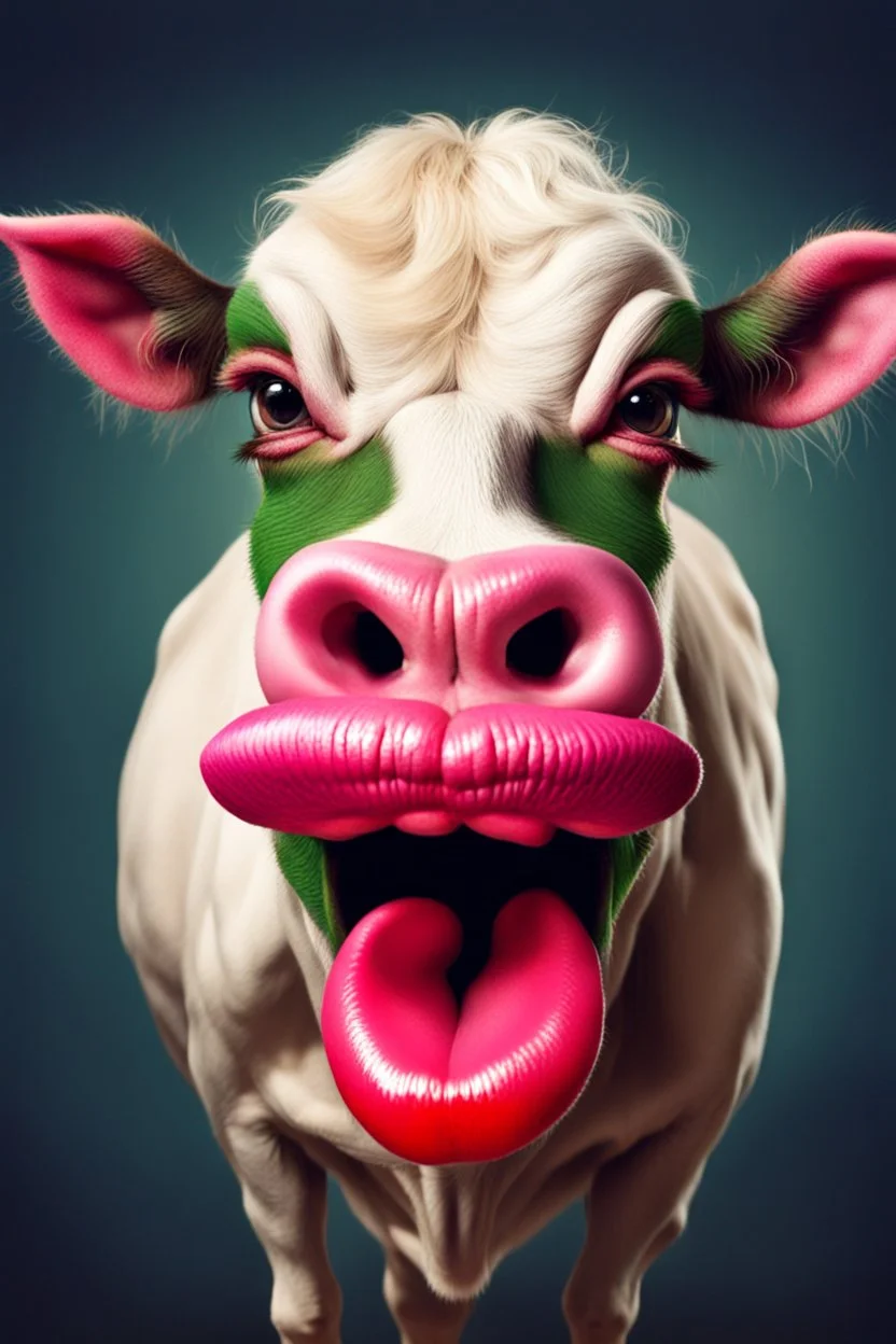 gremlin cow with big lipstick mouth, big lips