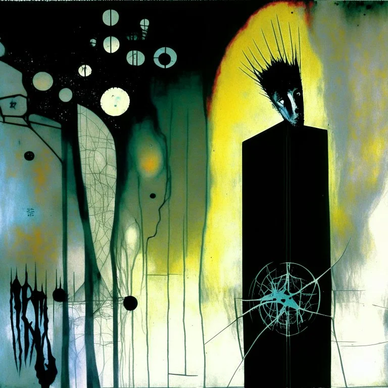 Learned helplessness paradigm shift, abstract surreal horror, by Dave McKean and Colin McCahon and Squeak Carnwath, ink wash mind-bending illustration; asymmetric, Uv reactive colors, dark shines, atmosphere guided by N(t)=N0​⋅e−kt