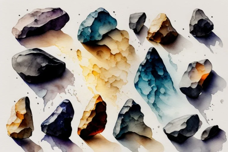 beautiful collection of stones, melting watercolor and black ink outlines on wet paper, soft, shading strokes, in sunshine, ethereal, otherwordly, cinematic postprocessing, bokeh, dof