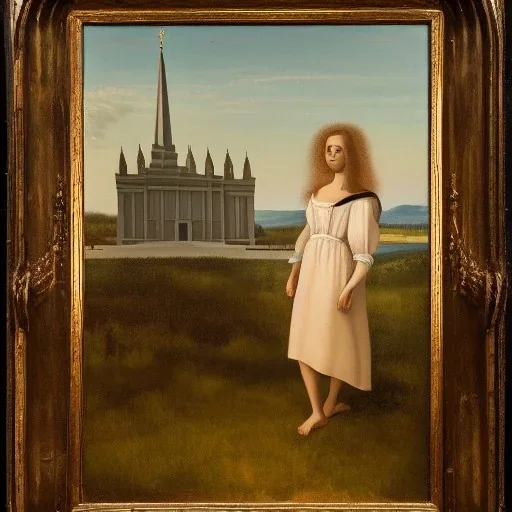 A Italian painting of a Latina young woman in a dress in front of a Mormon temple in sunshine in the style of DaVinci