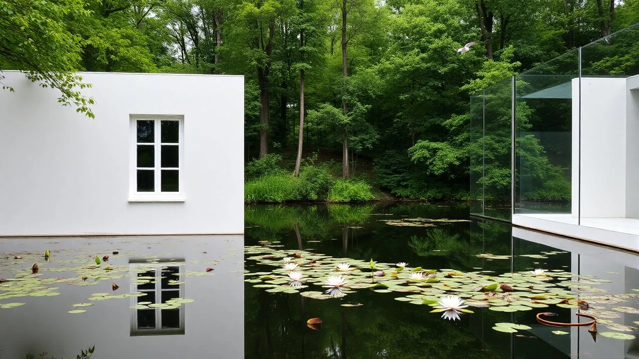 White wall with a window reflected in a pond with water lilies and aquatic plants. On the wall and on one side there is a transparent glass structure. The surroundings are a very green wooded area. Some birds fly over the scene.