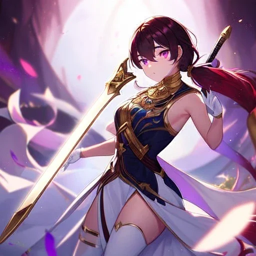 Clear focus, High resolution, Black red faded hair, low small ponytail, purple dead glowing eyes, white detailed split skirt, purple and white detailed sleeveless shirt up to neck, white gloves up to elbow, holding sword, gold necklace, white thigh high boots, zoomed out, (solo)