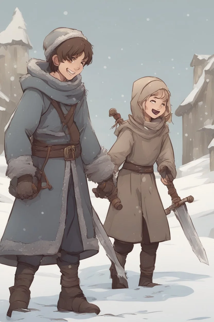 DnD style, two medieval peasant kids playing in the snow male and female, age 14 and 15, happy and playful, he has a short sword.