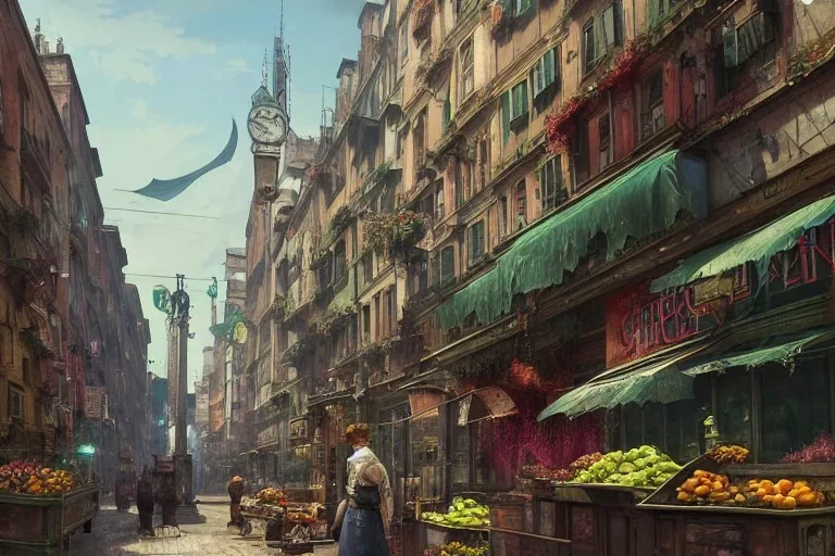 River and corner shop greengrocer in colorful Italian street+Gothic city+BioShock+Dishonored+Bloodborne +trieste+Edinburgh+Chicago+victorian London+decòpunk Skyscraper+ +steampunk+biopunk+alphonse mucha, greg rutkowski,matte painting, cryengine, hyper detailed, felix kelly, fantasy art, seb mckinnon