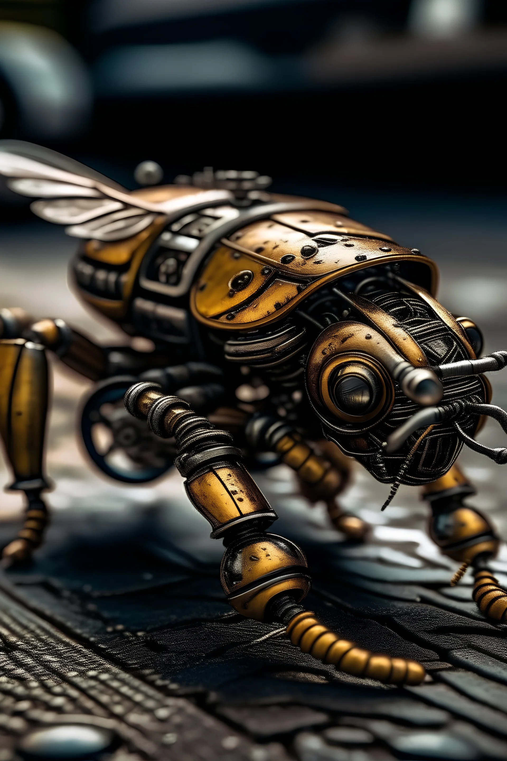 bee, paradox, metal, mechanical, close-up, hyperdetail, parked on the ground