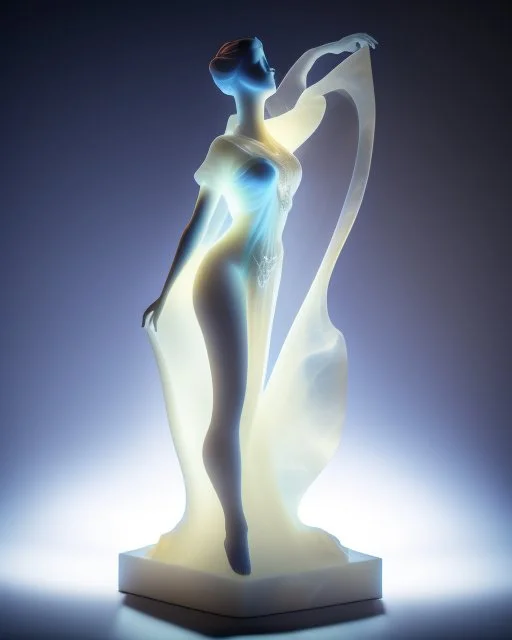 translucent glass alabaster sculpture, backlight, an Art Nouveau dancer statue, very emotional, welcoming, love, luminescence, sculpture, photograph, studio lighting, product photography, figurine, unreal engine, cryengine, ambient occlusion