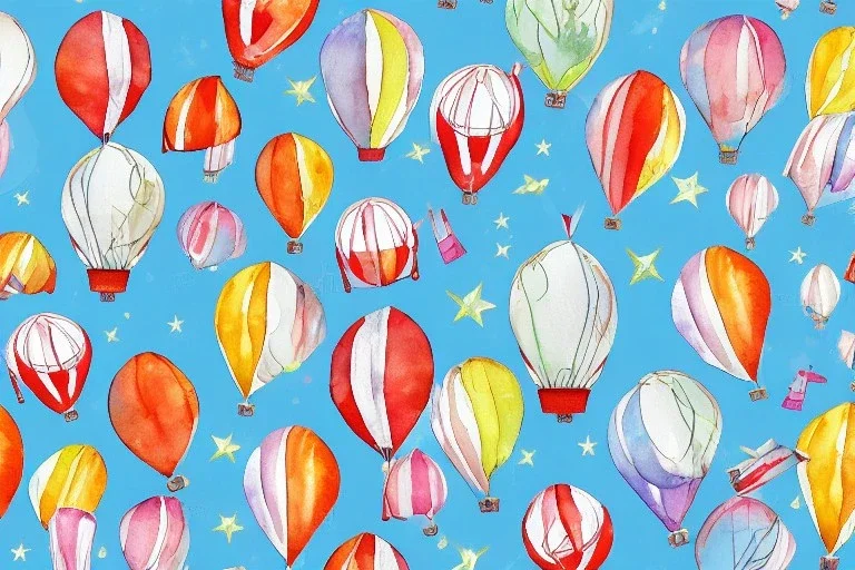 giftwrap pattern with watercolor of hot air balloons, children's book illustration, white parchment paper, wrapping paper, white background