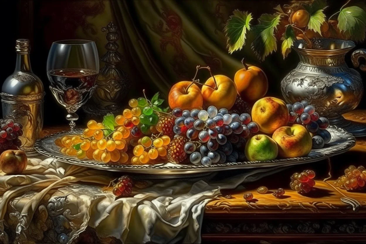 Create a masterpiece an oil painting on cracked canvas: of a Gleaming melting chrome serving tray with spent wine, partially decayed grapes, peaches, oranges, lemon's, walnuts, discarded dry stale bread and mouldy cheese, cloth draped over an old wooden ultra textured table, ultra-realistic portrayal, 8k resolution, rich cool tones, intricate textures, reflections, flawlessly polished exteriors, rule of thirds futuristic concept art of a still life Masterpiece. Modifiers: trending on Artstation