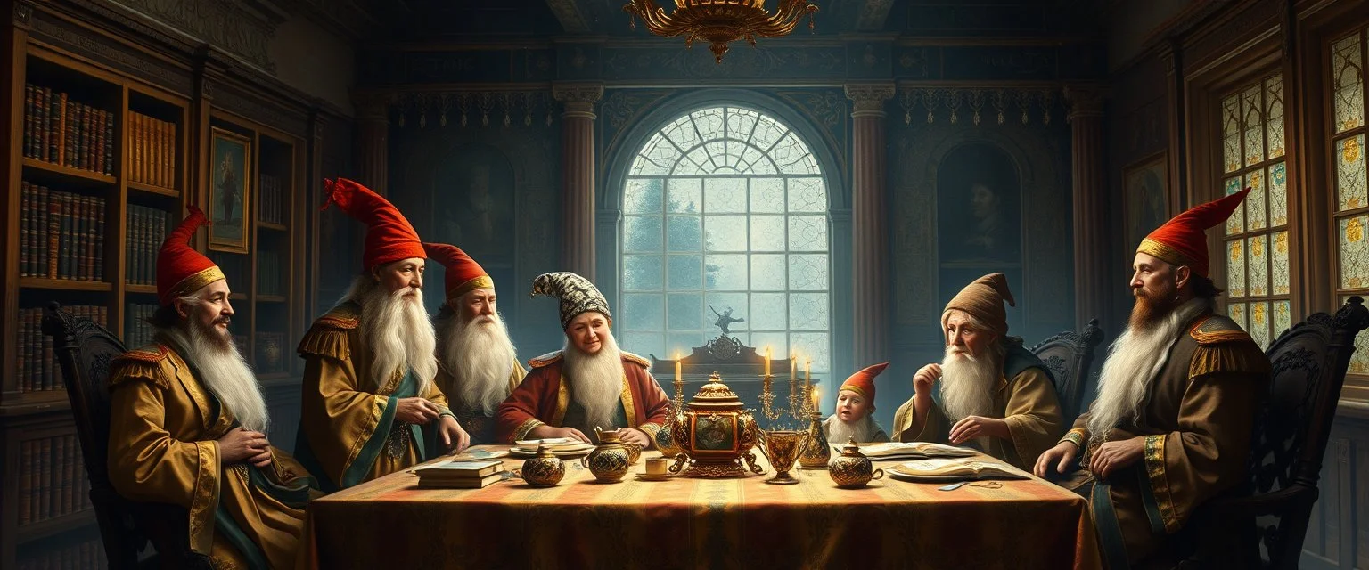 Dynasty family by table, in winter glow, master oil painting by Rembrandt, arts magica spy gnomes soap opera poster, huge multi level archive, library, woodland creatures, motion blur, background mist, light beam from windows Let the magic flow Oh winter glow Don't let it go [Bridge] Stars above like tiny fires Hearts alight with quiet desires