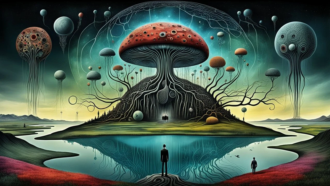 one alone human stands on fade colors floating island over normal neurotipical lifes on landscape with many little humans. this island with deep dark colors. dreamlike inner world with neurodivergens soul and mind,, Whimsical strange style of Chagall, of Bosch of giger and Anton Semenov. weird absurd beauty nightmare, in background neuronic network, Whimsical surreal vibe, cinematic