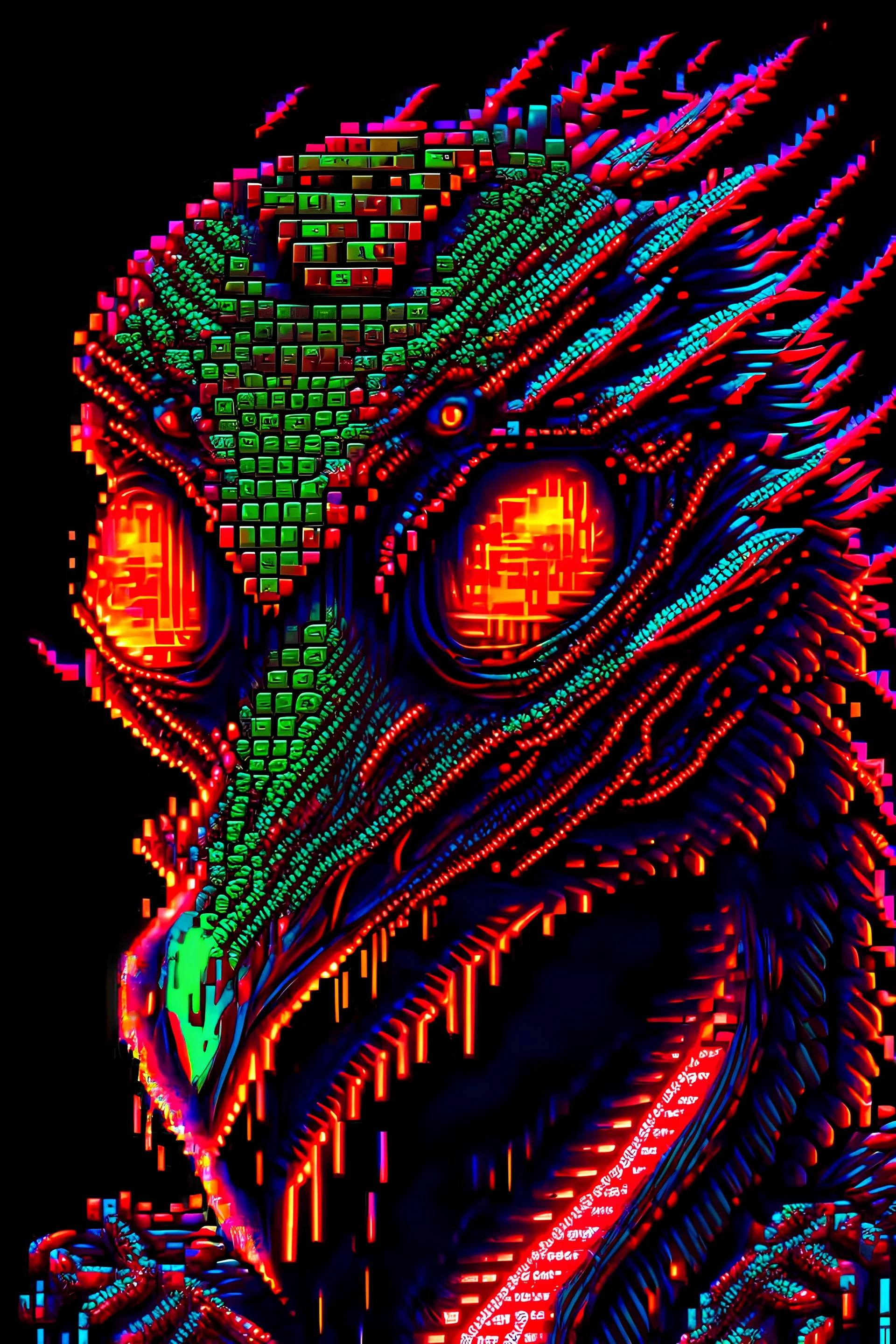 Reptile angel, shiny red eyes, scary, barf art, highly detailed pixel art, scifi, retro, neon fluorescent aura, extreme attention to details, exaggerated, strange