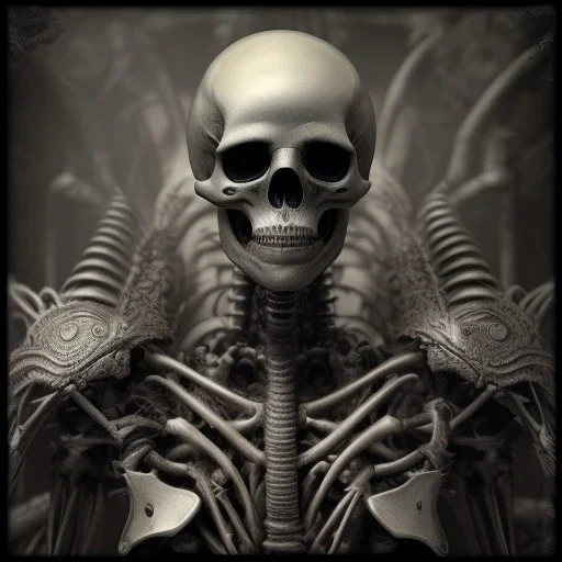 a skeleton warrior in hr giger style, steam punk, realistic, made in octane, cinematic, ultra-realistic, extremely detailed octane rendering, 8K, VRAY Super Real ar 2:3, dof photorealistic futuristic 50mm lens hard lighting dark gray tintype photograph, realistic lighting, sepia color