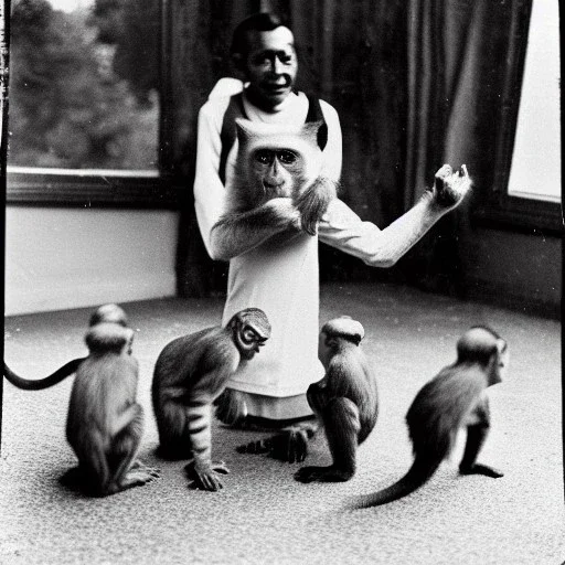 Old photo of monkey with dancing cats