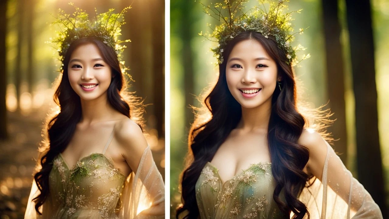 A gorgeous smiling Asian model in a fairy outfit in a wood with 1000 y/o trees, a small torrent, sun rays through the branches, particles in the air at dawn