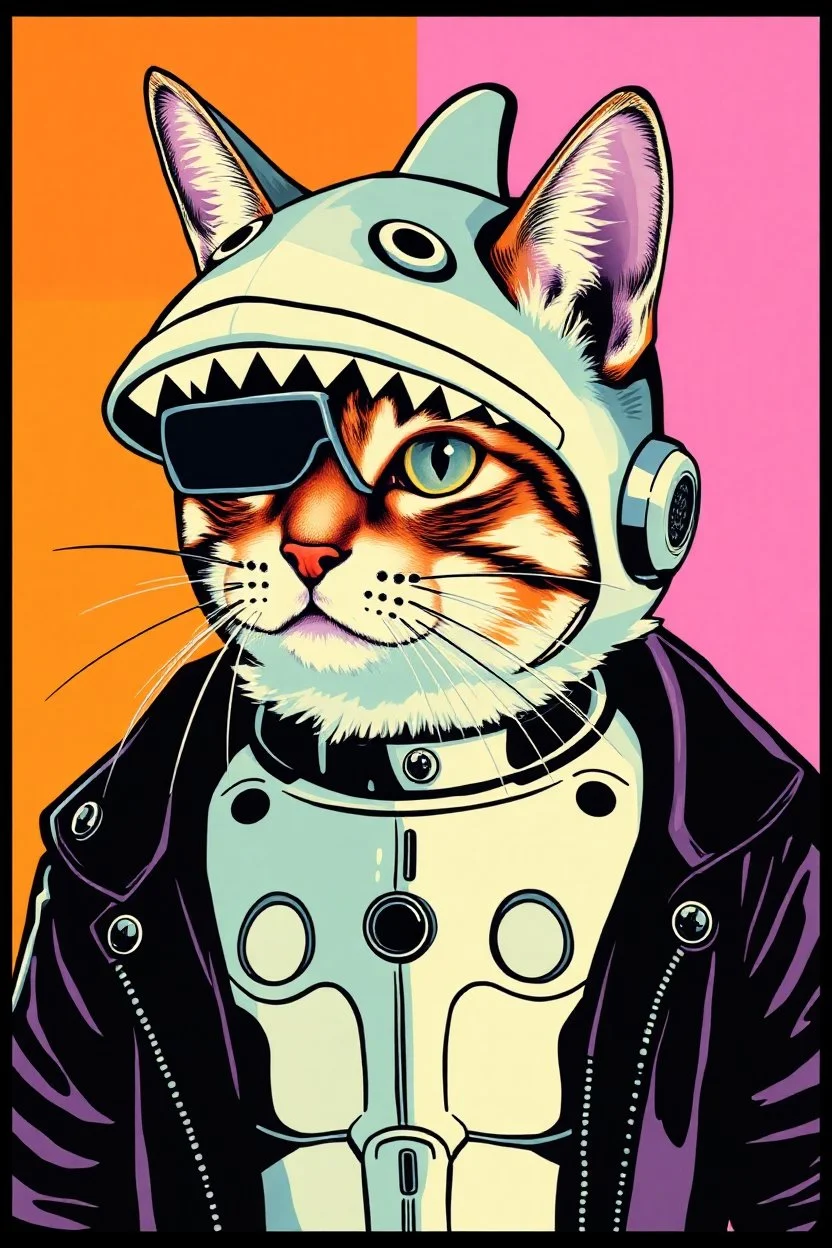 cat with shark mask hat solana droid body cypher punk japanese style in the style of warhol