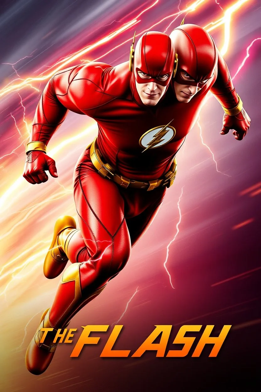 1/4 side view, looking at the viewer, Movie Poster - "THE FLASH" - A massive, thick, extremely muscular, 7'8" tall man, ((skintight, formfitting, long-sleeved, red spandex bodysuit:1.5)), ((gold knee-high boots:1.5)), ((gold wrist gauntlets, red fingerless gloves, gold, double holstered utility belt:1.5)), ((skintight, formfitting, red spandex helmet with red eye disguise,:1.5)), Running in the speedforce, multicolored lightning emanating from his body, an overly exaggerated muscular stature