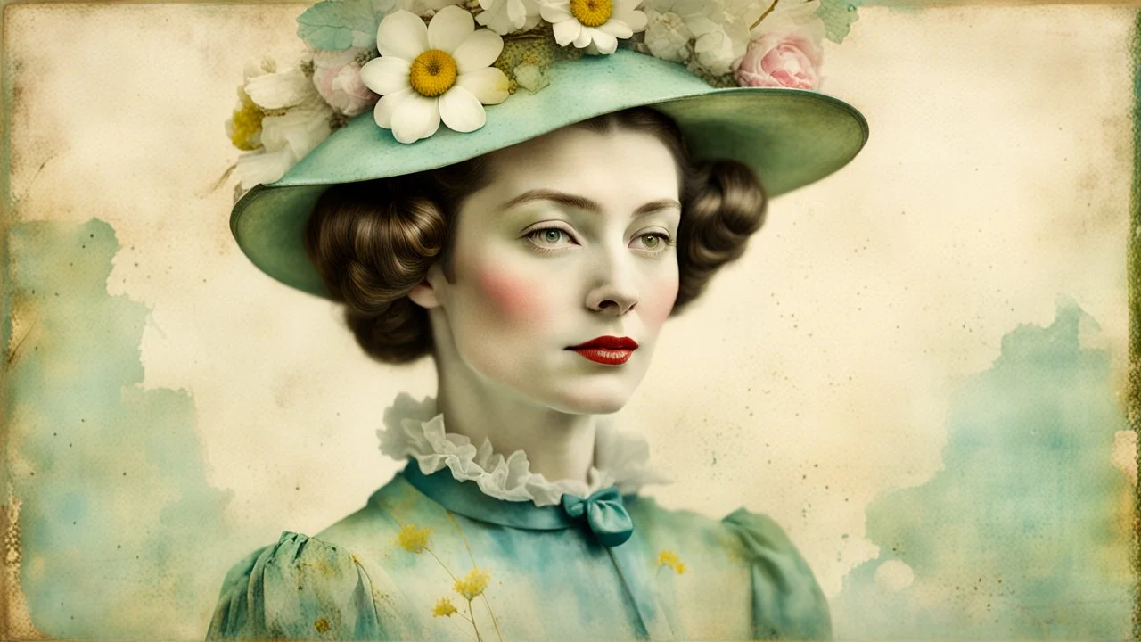 Mixed media portrait of a whimsical woman in vintage spring clothing, styled by Catherine Welz-Stein, MINIMAL DESIGN, 200 encaustic stylization