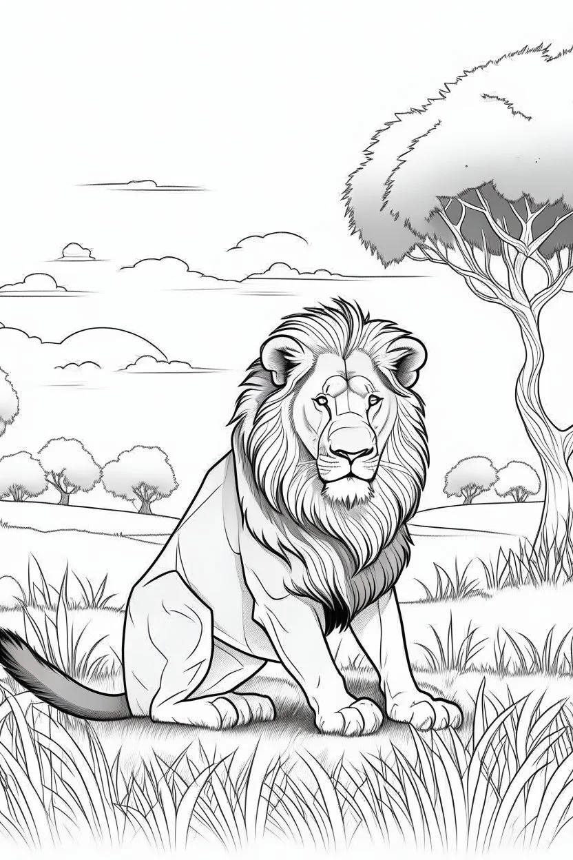 Feature a lion, in a savannah setting, with a few acacia trees, clean line art, white background, no shadows, black and white coloring book.