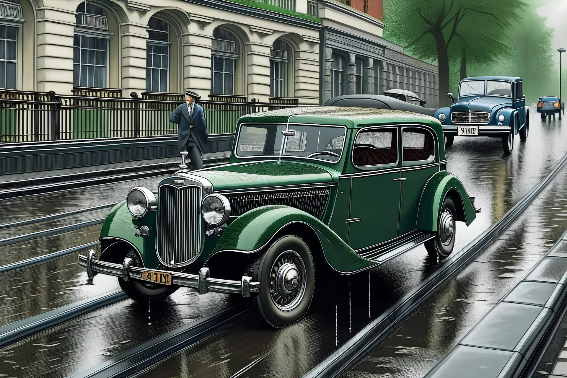 a vintage Bentley 4 door saloon with a border collie at the wheel driving the car is going down a very rainy London street. Photorealistic