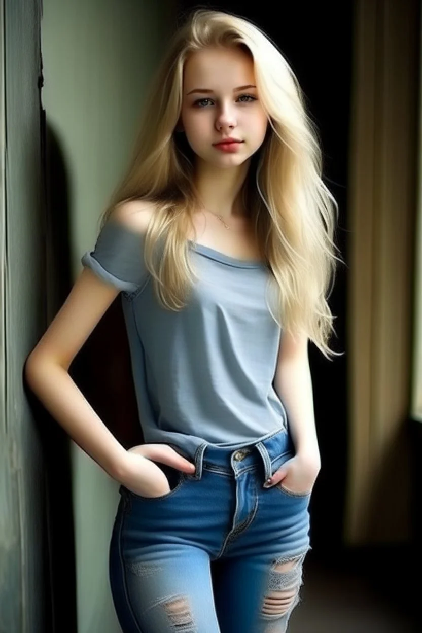 pretty girl, aged 14, blonde, conventionally attractive, dreamy, full body, jeans, tight top