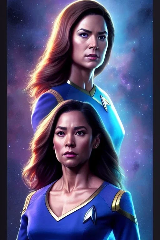 hiper realista, hiper detalhado, retrato de corpo inteiro, no estilo star trek, de uma mulher jovem incrivelmente bonita, símbolo da federação perfeitamente desenhado, cabelos longos , arte de greg rutkowski, artgerm, wlop, rossdraws, boris vallejo