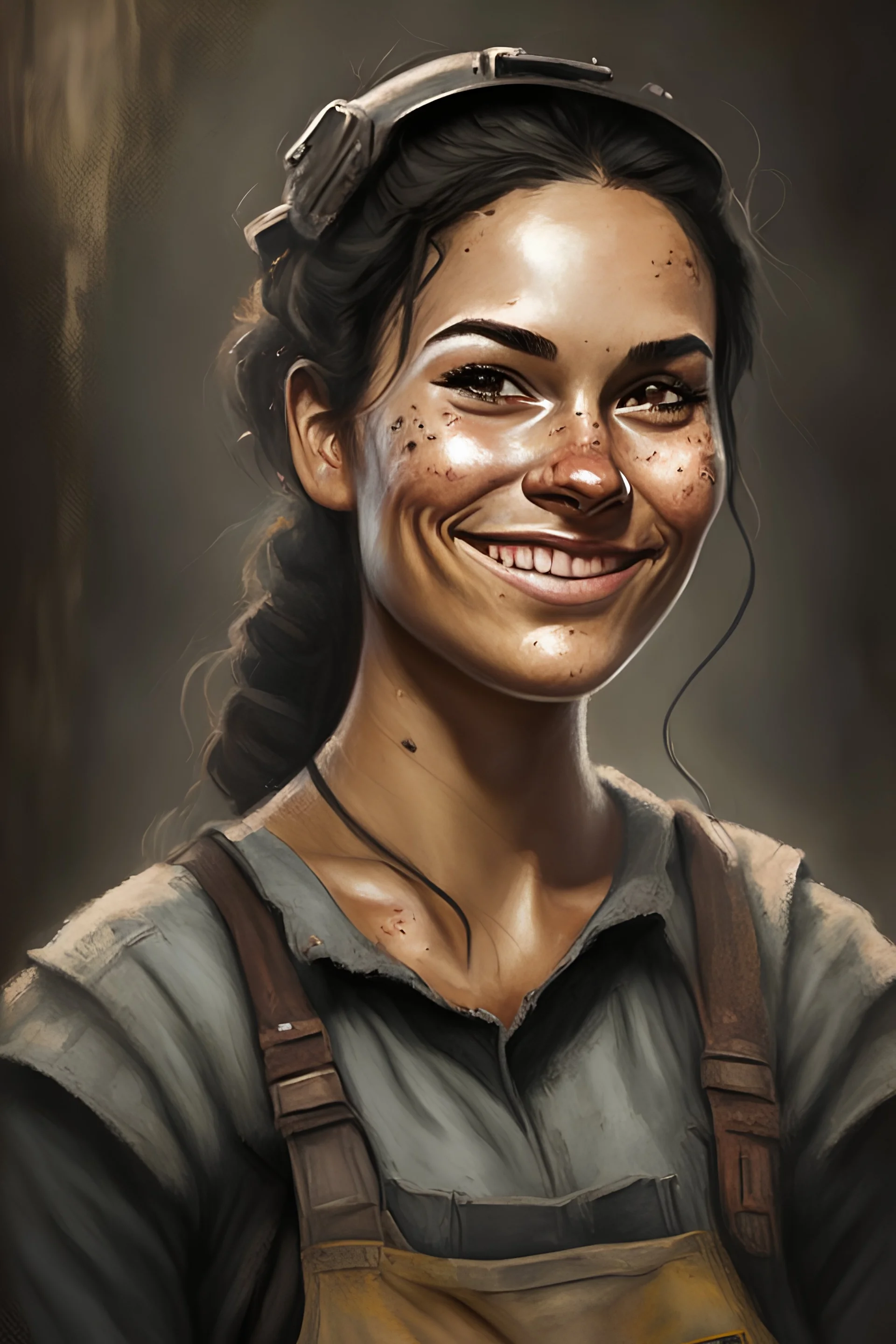 fantasy art style portrait of an early 30's brunette tanned female coal miner smirking, wearing overalls and slightly dirty.