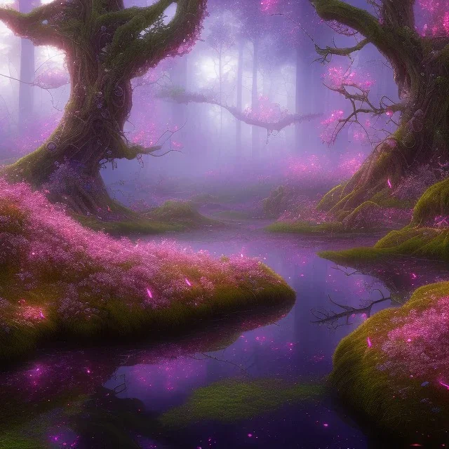 high-quality, fine-detail beautiful, breath-taking forest with gnarled trees, pink flowers and fireflies, clear reflective lake, tranquil, stunning, 8k resolution, intricate, digital art, dreamworks, volumetric lighting unity engine