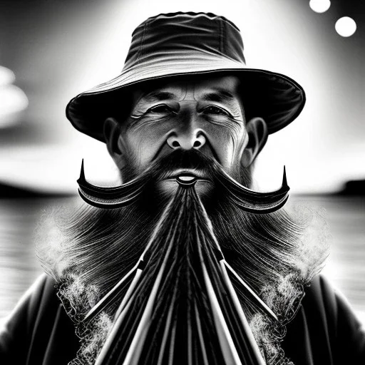 pencil Black and white Portrait of old fishermen sitting on a chair ,long beard, smoke coming out of Classic Briar Wood Pipe ,wearing a bucket hat, fantasy 8k by Van Gogh