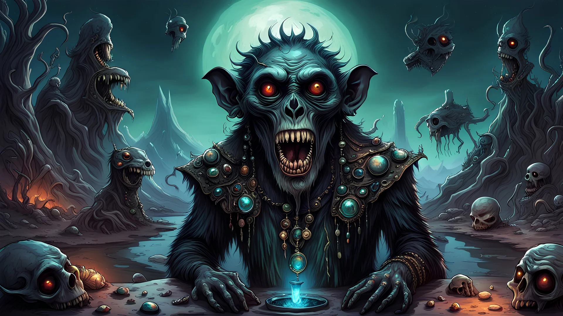 A gritty, full-body shot of an insatiably evil black opal iridescent pearlescent dark ancient shiny male zombie primate with alien trinkets in a surreal landscape, with sharp ivory teeth, macabre, Dariusz Zawadzki art style, liminal spaces, horror art, dark gaming background, wet, glossy, horror art, trypophobia, eerie, intricate details, HDR, beautifully shot, hyperrealistic, sharp focus, back lit, 64 megapixels, perfect composition, high contrast, cinematic