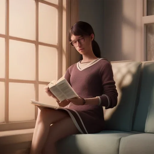 Study girl read a book in by the window, movie, real photo realistic, unreal engine, cinematic lighting --ar 1:1 creative