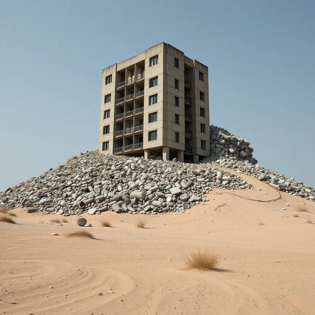 Fotografia di un grande edificio moderno brutalista, che sembra un grattacielo, parzialmente sommerso in una collinetta di oggetti. La struttura è erosa e inglobata dal paesaggio naturale, come se il tempo o l'ambiente avessero iniziato a "riassorbirla". L'atmosfera è desolata e surreale, con un ambiente circostante spoglio e sabbioso hasselblad h6d400c --ar 85:128 --v 6.0