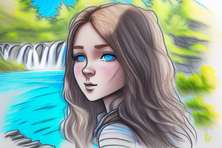 vibrant sketch, cute chibi blue eyed blonde-brown haired woman in Plitvice S<AI in sunshine, shading pastel and charcoal