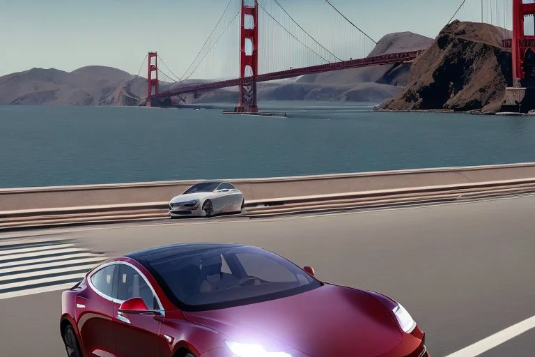 A Tesla 'Model S' is drifting at top speed, on the 'Golden Gate' bridge. (CINEMATIC, WIDE ANGLE LENS, PHOTO REAL)