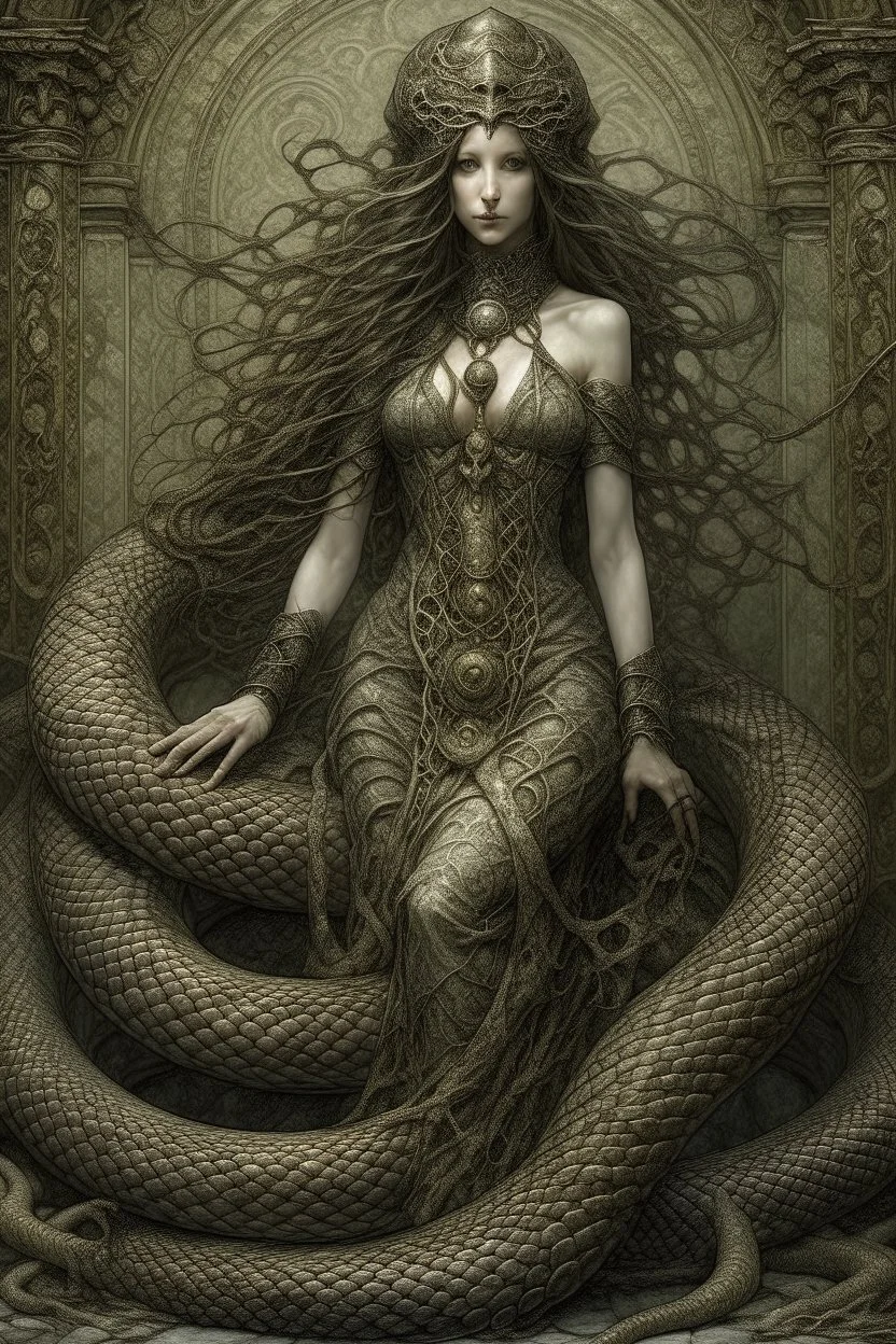 A beautiful girl with long curly hair , full body , holding a big snake , front view . decayed and rotting with grotesque proportions and imagery. grotesqueries, detailed texture, surreal horror, biomechanical design, by hr giger and beksinski