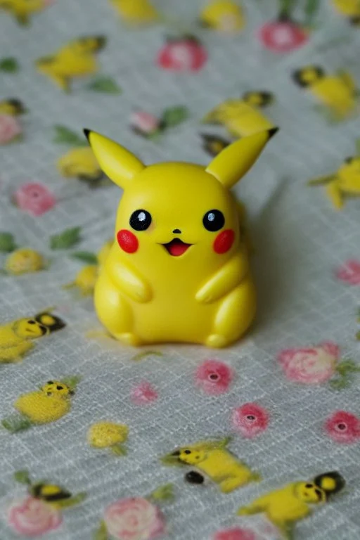 cute and nice faced marzipan Pikachu on a lace blanket on a kitchen table