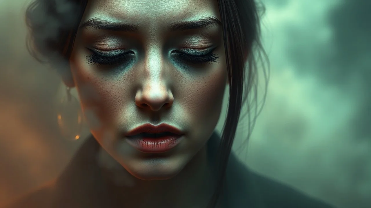 The image is a stylized portrait of a woman with her eyes closed and her lips slightly parted, one tear, by Dave McKean, Jeremy Mann, hyperrealism, dense fog, detailed matte painting, deep colors, fantasy, complex detail, splash screen, additional colors with complex, complex contrast, HDR, sharp, soft cinematic volumetric lighting, perfect masterpiece of fantasy art
