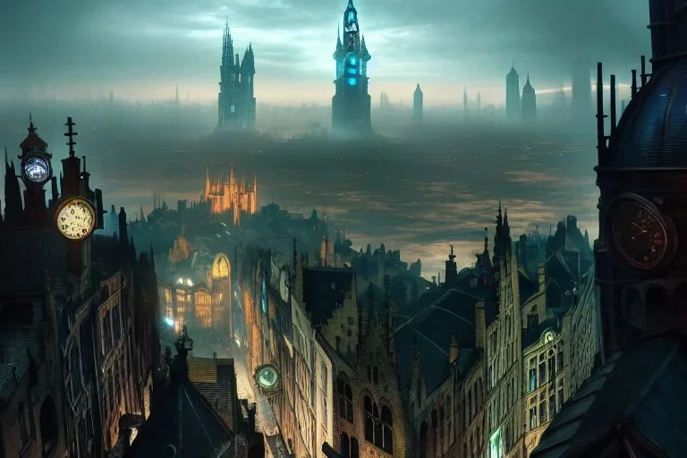 Bruge+Gothic city+ BioShock+Dishonored+Bloodborne +trieste+Edinburgh+Chicago+victorian London+decòpunk Skyscraper+ +steampunk+biopunk+alphonse mucha, greg rutkowski, matte painting, cryengine, hyper detailed, felix kelly, fantasy art, seb mckinnon