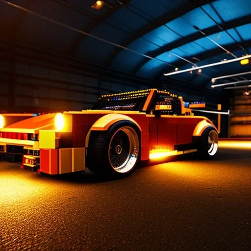 volumetric warehouse environment with car built with legos, bumper, headlights, fullscreen