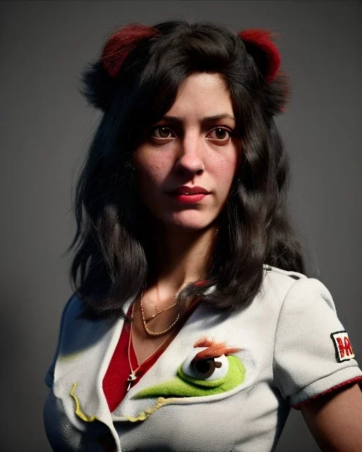 Portrait, spanish waitress woman with monster muppet mask that covers her entire head, retro style, Sesame Street style, black, smooth, unreal engine 5, god lights, ray tracing, RTX, lumen lighting, ultra detail, volumetric lighting, 3d.