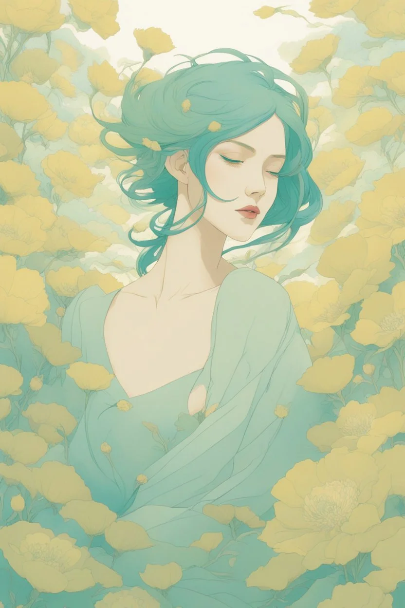 wind blowing from below, portrait of beautiful woman with green hair, loose lines, flowers, pastel yellow and pastel blue, sense of liberation, concept art, art by james jean, takato yamamoto, 4k, concept art, illustrative
